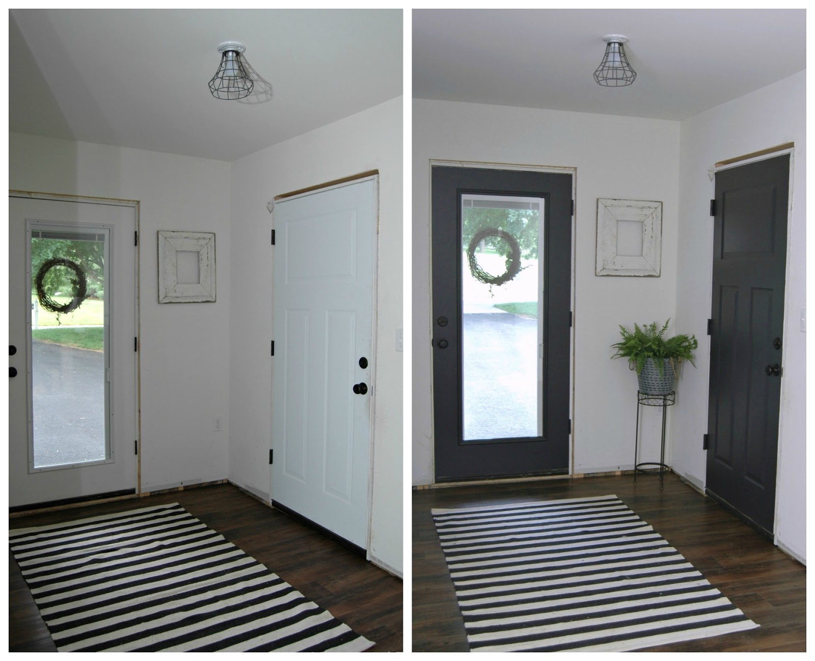 new foyer, black trim, updated front door, black closet door, interior design on a budget