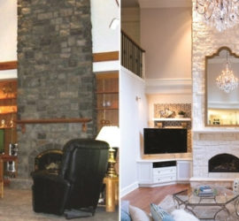 new fireplace, updated fireplace, face lift, new lighting, light fixture, living room, interior design, ideal organizers, bright colors, white paint, recliner