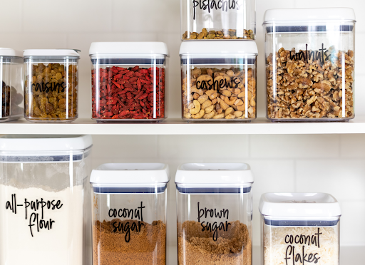 Clear labeled food storage jars