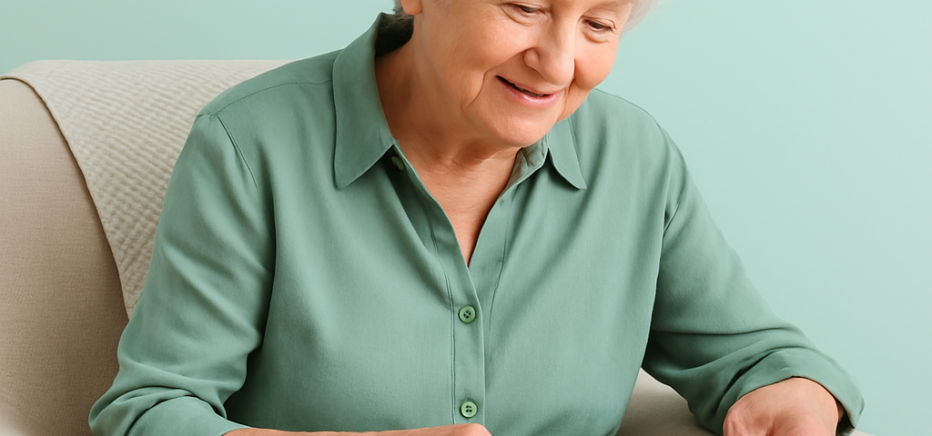Older adult happily going through a scrapbook or photo album
