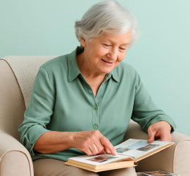 Older adult happily going through a scrapbook or photo album