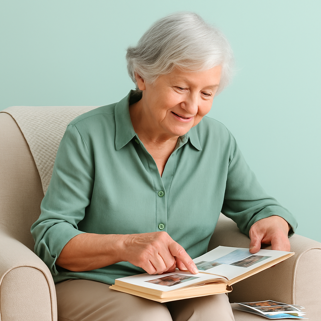 Older adult happily going through a scrapbook or photo album