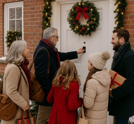 Five happy family guests knocking on front door with wreath and garland