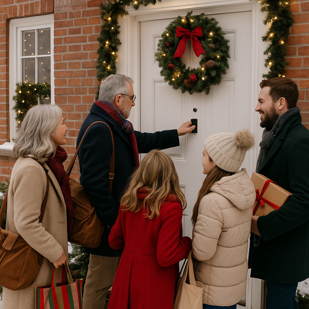 Five happy family guests knocking on front door with wreath and garland