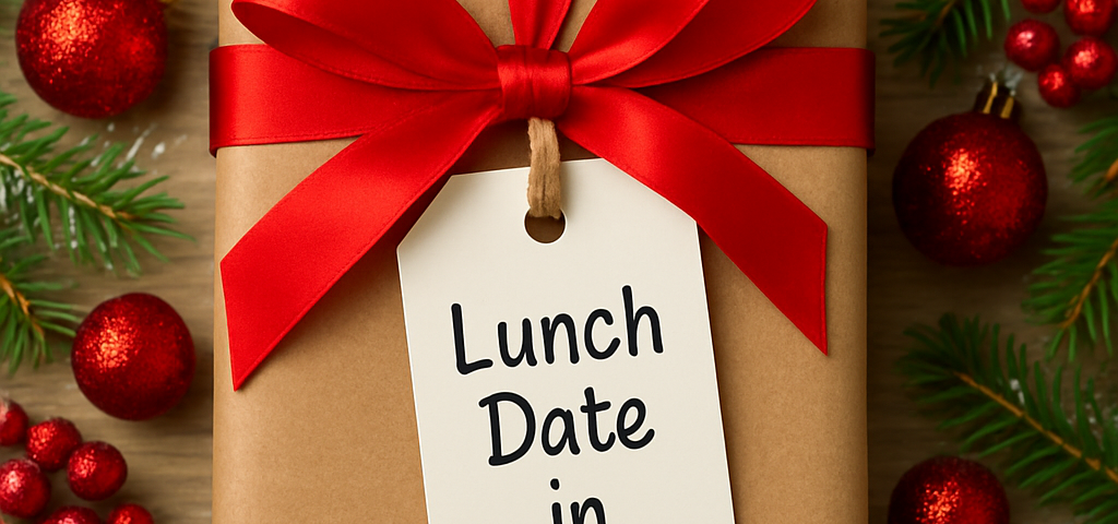 simple gift box with the message 'Lunch Date in January" implying giving a clutter Free gift of time