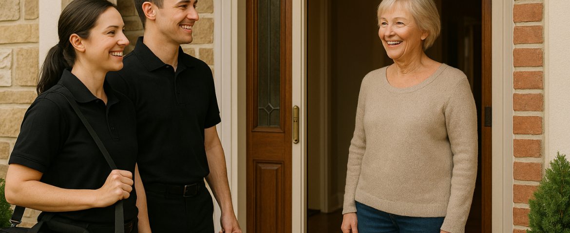 Two professional organizers at the front door with smiling client member