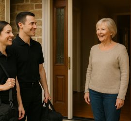 Two professional organizers at the front door with smiling client member