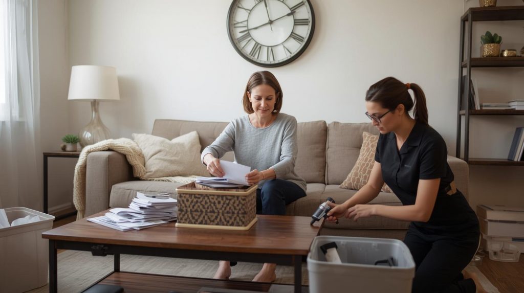 A calm space with a professional organizer helping a client with clock on wall