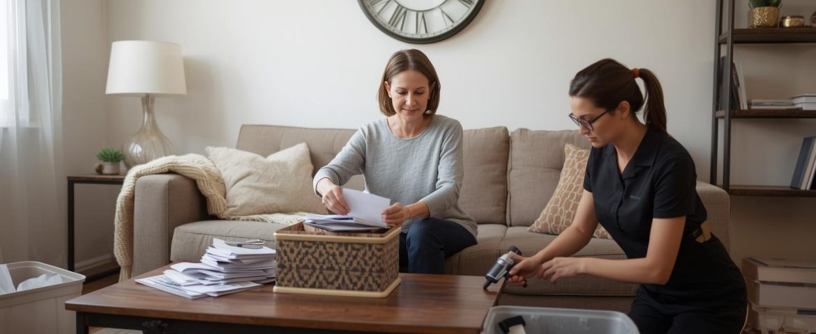A calm space with a professional organizer helping a client with clock on wall