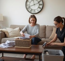 A calm space with a professional organizer helping a client with clock on wall
