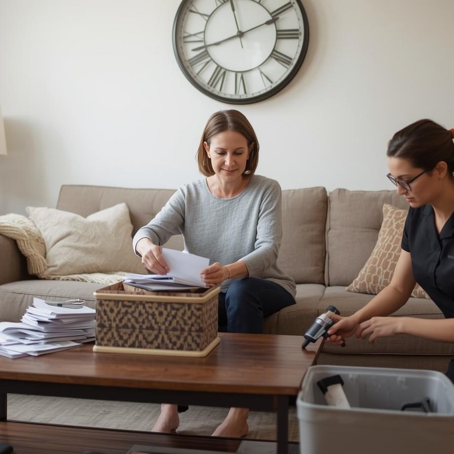 A calm space with a professional organizer helping a client with clock on wall
