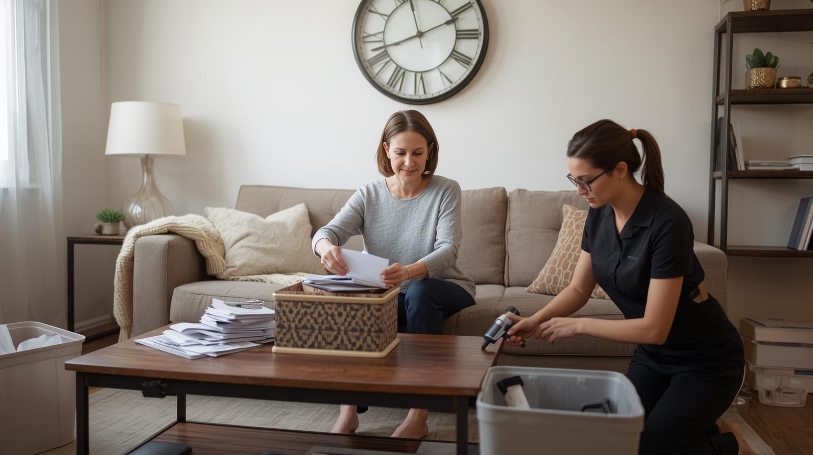 A calm space with a professional organizer helping a client with clock on wall