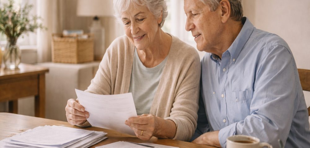 70 something couple peacefully sorting through paperwork