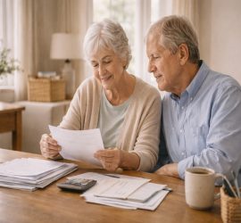 70 something couple peacefully sorting through paperwork