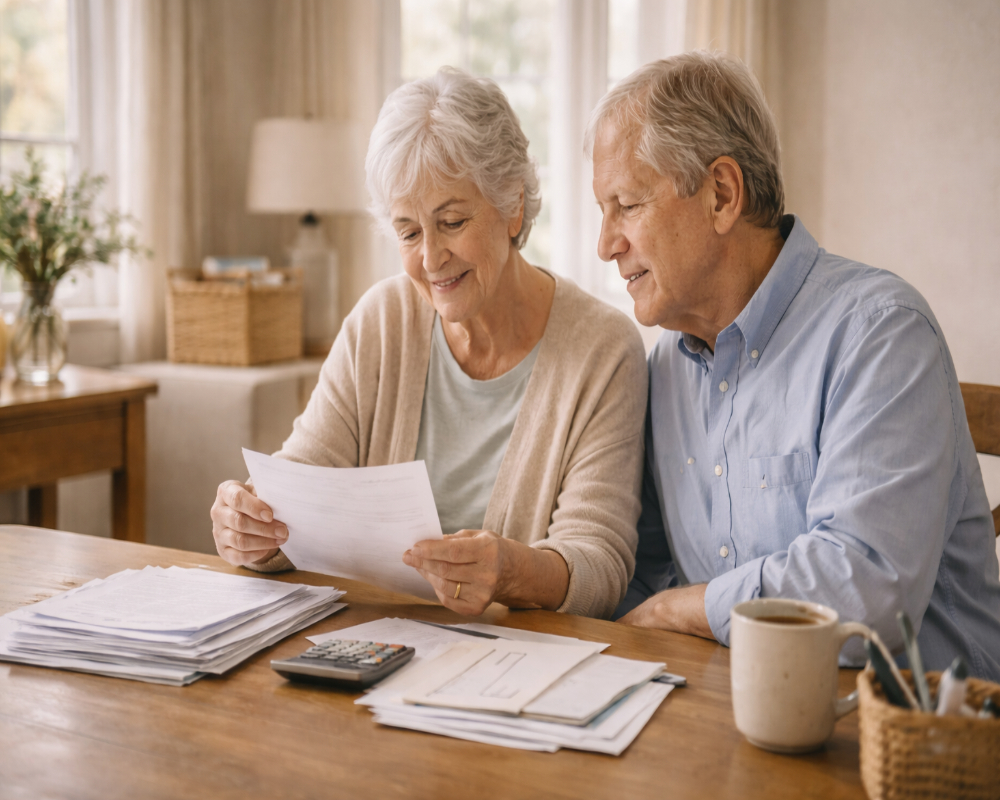 70 something couple peacefully sorting through paperwork