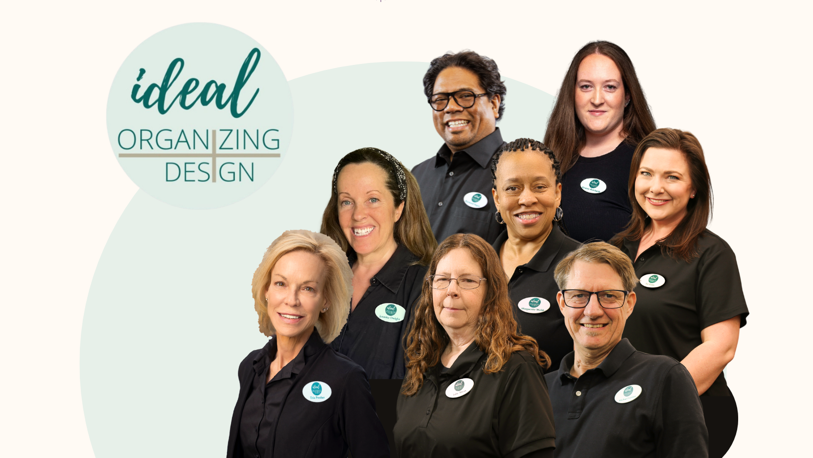 Team 04-2026 Hi Res Team of eight professional organizers, smiling in uniform with name tags