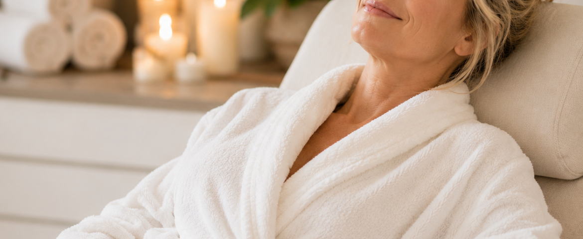 Happy mom relaxing at the spa with hot beverage
