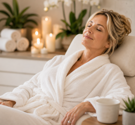 Happy mom relaxing at the spa with hot beverage