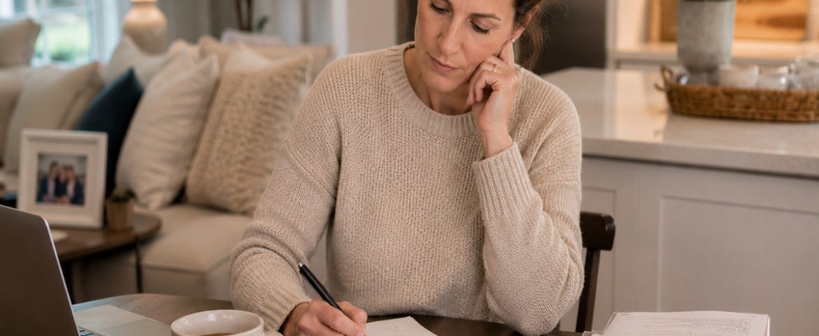Tired 40 something Mom sitting at kitchen desk with laptop and paperwork and coffee
