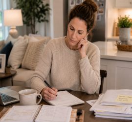 Tired 40 something Mom sitting at kitchen desk with laptop and paperwork and coffee