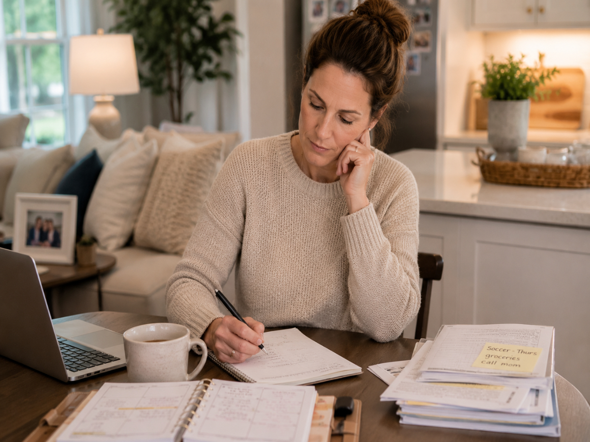 Tired 40 something Mom sitting at kitchen desk with laptop and paperwork and coffee