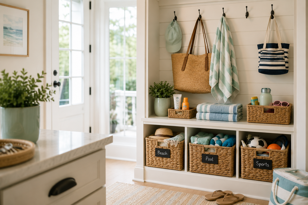 Professional organizer summer maintenance mudroom with organized baskets for beach, pool, and sports gear in a calm coastal-style home in Virginia Beach. Bright naturally lit family entryway featuring functional storage systems, folded towels, tote bags, and seasonal organization solutions for busy households.