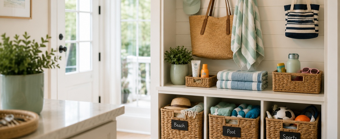 Professional organizer summer maintenance mudroom with organized baskets for beach, pool, and sports gear in a calm coastal-style home in Virginia Beach. Bright naturally lit family entryway featuring functional storage systems, folded towels, tote bags, and seasonal organization solutions for busy households.