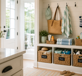 Professional organizer summer maintenance mudroom with organized baskets for beach, pool, and sports gear in a calm coastal-style home in Virginia Beach. Bright naturally lit family entryway featuring functional storage systems, folded towels, tote bags, and seasonal organization solutions for busy households.