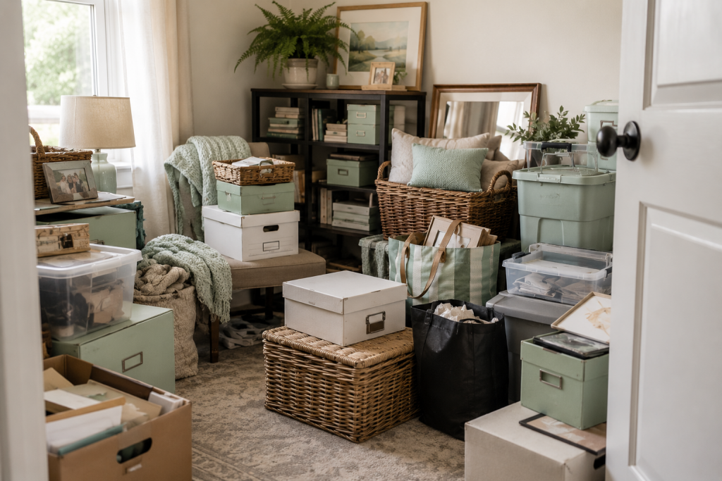 A home storage room with accumulated boxes, baskets, paperwork, and household items waiting to be sorted, representing the emotional challenge of decluttering and home organizing.