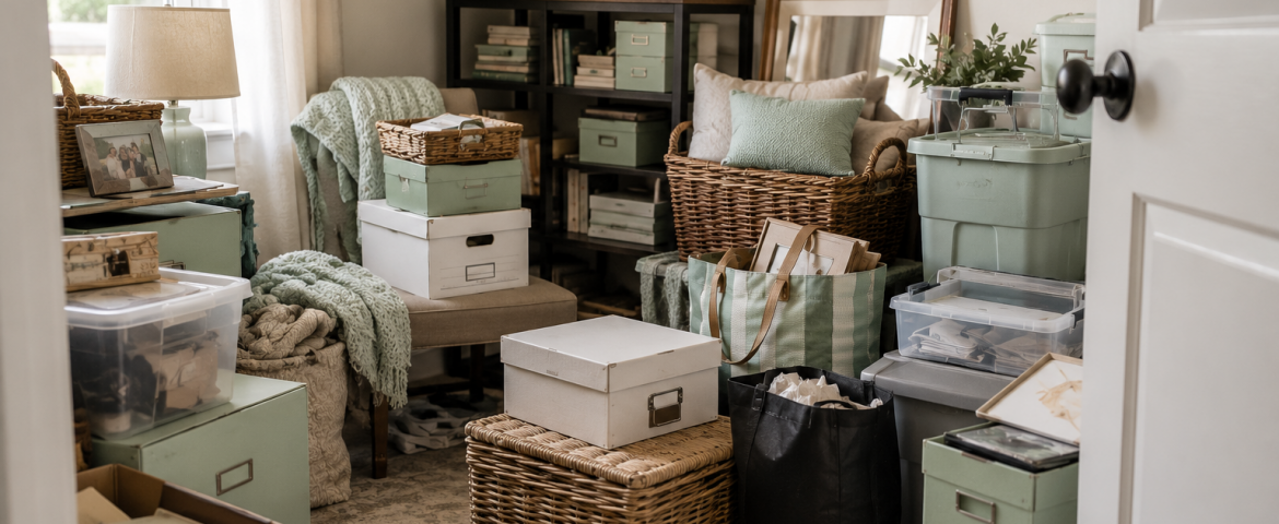 A home storage room with accumulated boxes, baskets, paperwork, and household items waiting to be sorted, representing the emotional challenge of decluttering and home organizing.