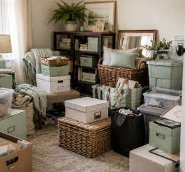 A home storage room with accumulated boxes, baskets, paperwork, and household items waiting to be sorted, representing the emotional challenge of decluttering and home organizing.
