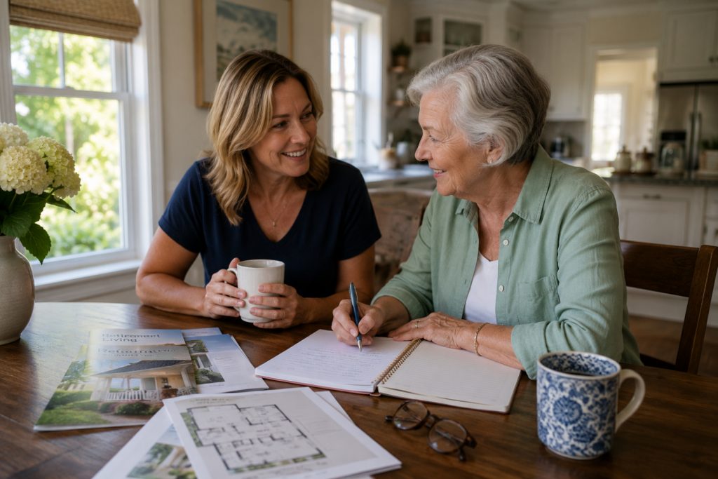 Older adult woman and her adult daughter reviewing paperwork together at a kitchen table while planning a future move. Retirement community brochures, floor plans, a notebook, reading glasses, and coffee mugs create a calm, supportive setting focused on downsizing, senior transition planning, and helping aging parents prepare for their next chapter. Keywords: senior transition planning, downsizing for older adults, helping aging parents, retirement community move, adult child caregiver, move management, senior move planning, Hampton Roads downsizing services.
