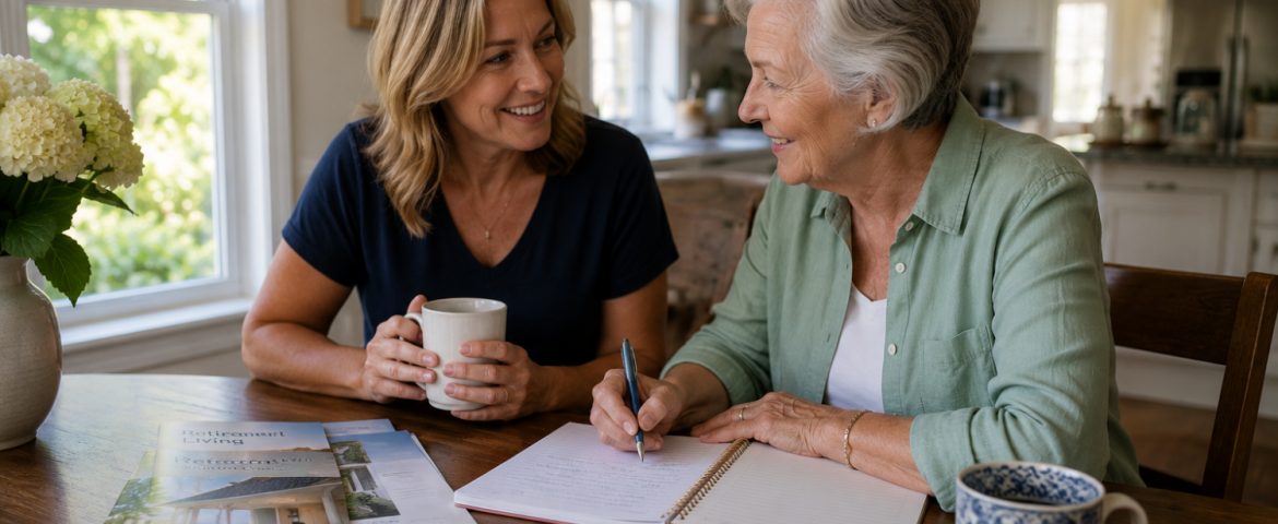 Older adult woman and her adult daughter reviewing paperwork together at a kitchen table while planning a future move. Retirement community brochures, floor plans, a notebook, reading glasses, and coffee mugs create a calm, supportive setting focused on downsizing, senior transition planning, and helping aging parents prepare for their next chapter. Keywords: senior transition planning, downsizing for older adults, helping aging parents, retirement community move, adult child caregiver, move management, senior move planning, Hampton Roads downsizing services.