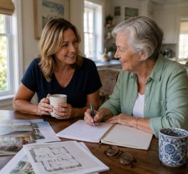 Older adult woman and her adult daughter reviewing paperwork together at a kitchen table while planning a future move. Retirement community brochures, floor plans, a notebook, reading glasses, and coffee mugs create a calm, supportive setting focused on downsizing, senior transition planning, and helping aging parents prepare for their next chapter. Keywords: senior transition planning, downsizing for older adults, helping aging parents, retirement community move, adult child caregiver, move management, senior move planning, Hampton Roads downsizing services.