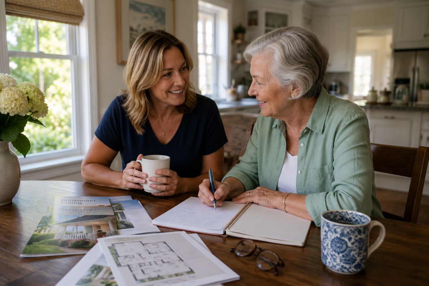Older adult woman and her adult daughter reviewing paperwork together at a kitchen table while planning a future move. Retirement community brochures, floor plans, a notebook, reading glasses, and coffee mugs create a calm, supportive setting focused on downsizing, senior transition planning, and helping aging parents prepare for their next chapter. Keywords: senior transition planning, downsizing for older adults, helping aging parents, retirement community move, adult child caregiver, move management, senior move planning, Hampton Roads downsizing services.