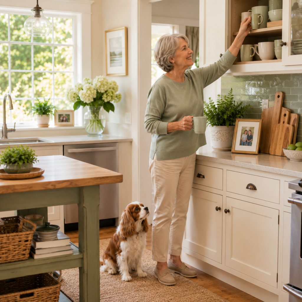 A 70 something woman in her bright beautiful kitchen reaching for a mug with her dog at her feet