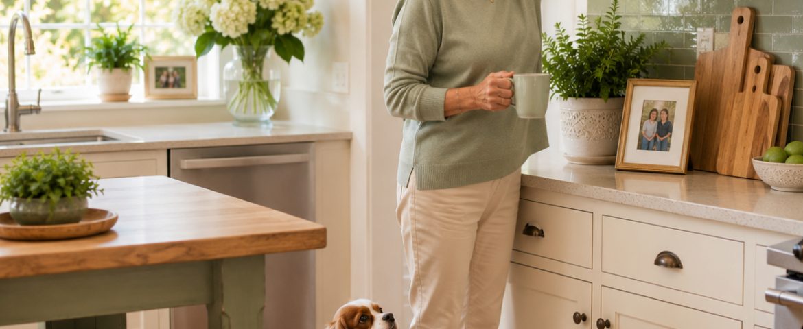 A 70 something woman in her bright beautiful kitchen reaching for a mug with her dog at her feet