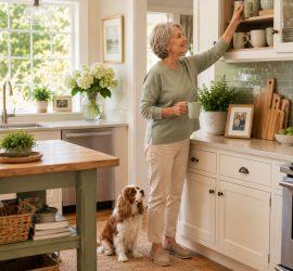 A 70 something woman in her bright beautiful kitchen reaching for a mug with her dog at her feet