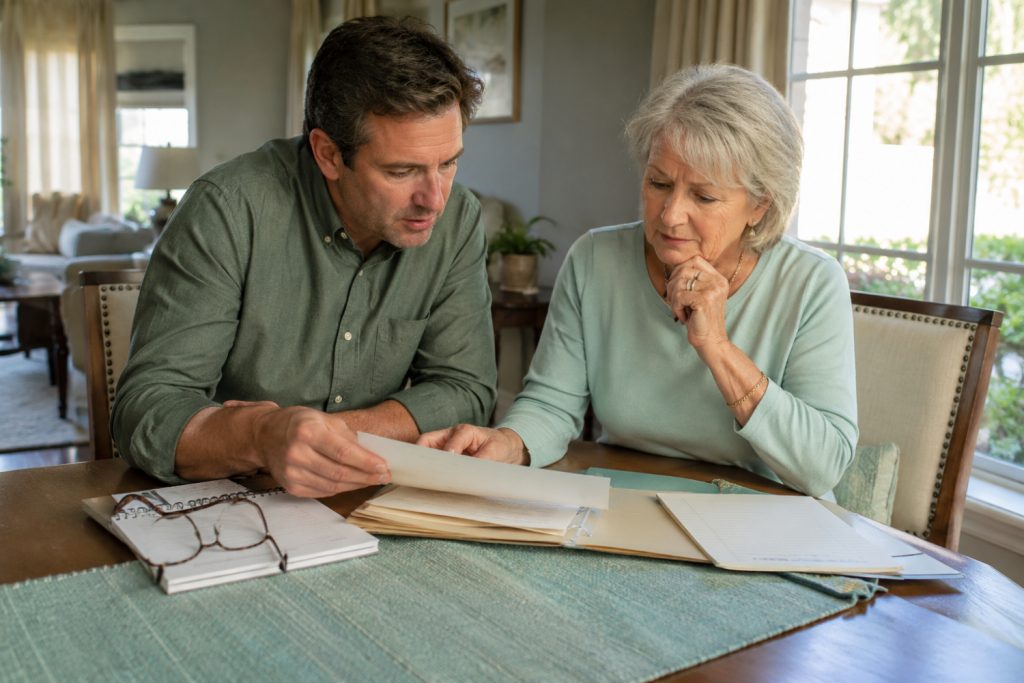 Adult son and older mother organizing important documents, estate planning papers, and family records together at home in preparation for the future.