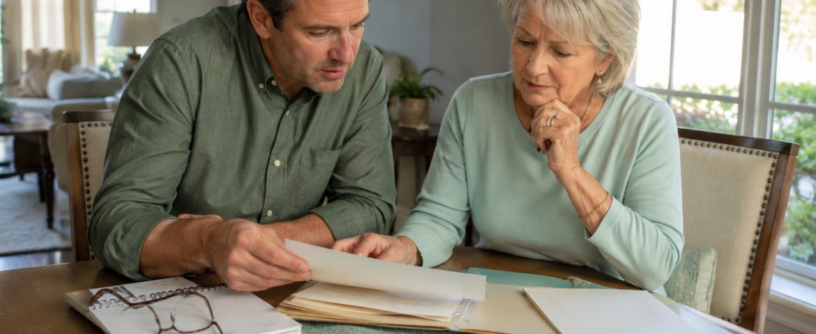 Adult son and older mother organizing important documents, estate planning papers, and family records together at home in preparation for the future.