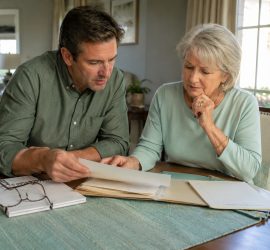 Adult son and older mother organizing important documents, estate planning papers, and family records together at home in preparation for the future.