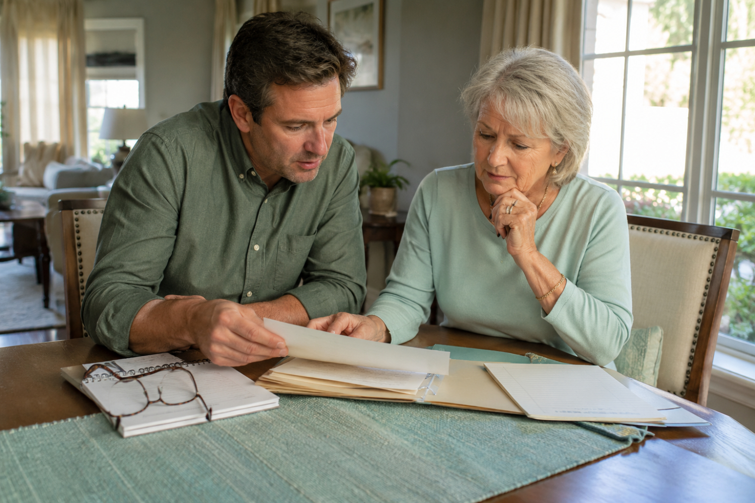 Adult son and older mother organizing important documents, estate planning papers, and family records together at home in preparation for the future.