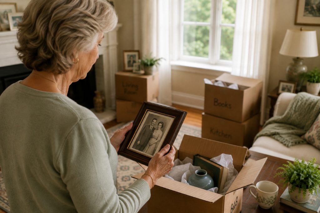 Older woman looking at a family photo while preparing to downsize and move