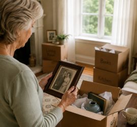 Older woman looking at a family photo while preparing to downsize and move