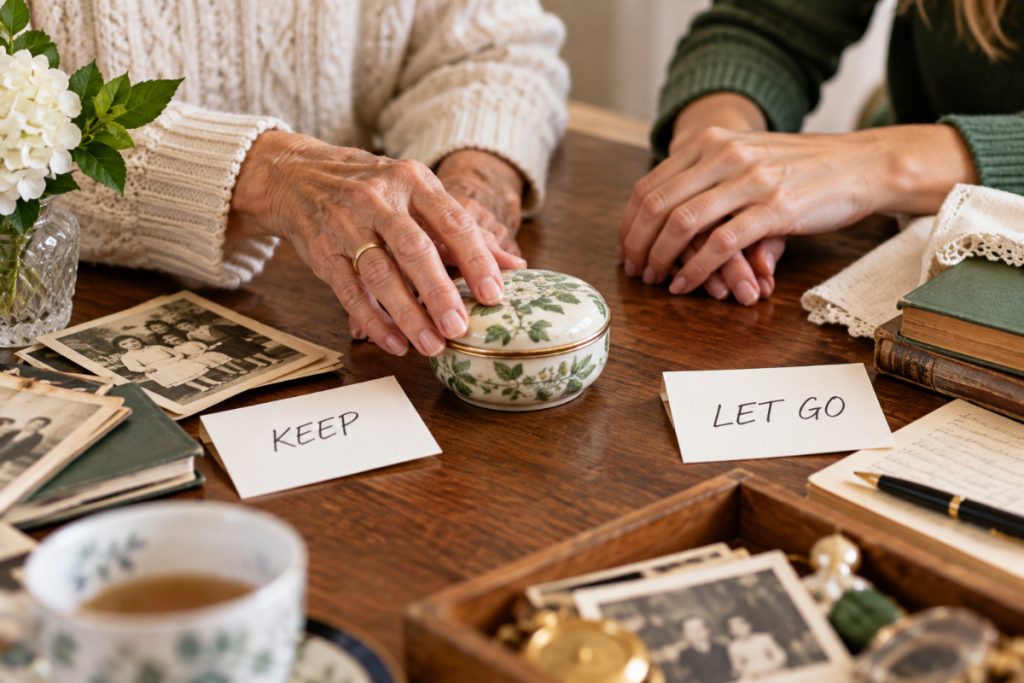 Adult child sorting belongings to help aging parents downsize