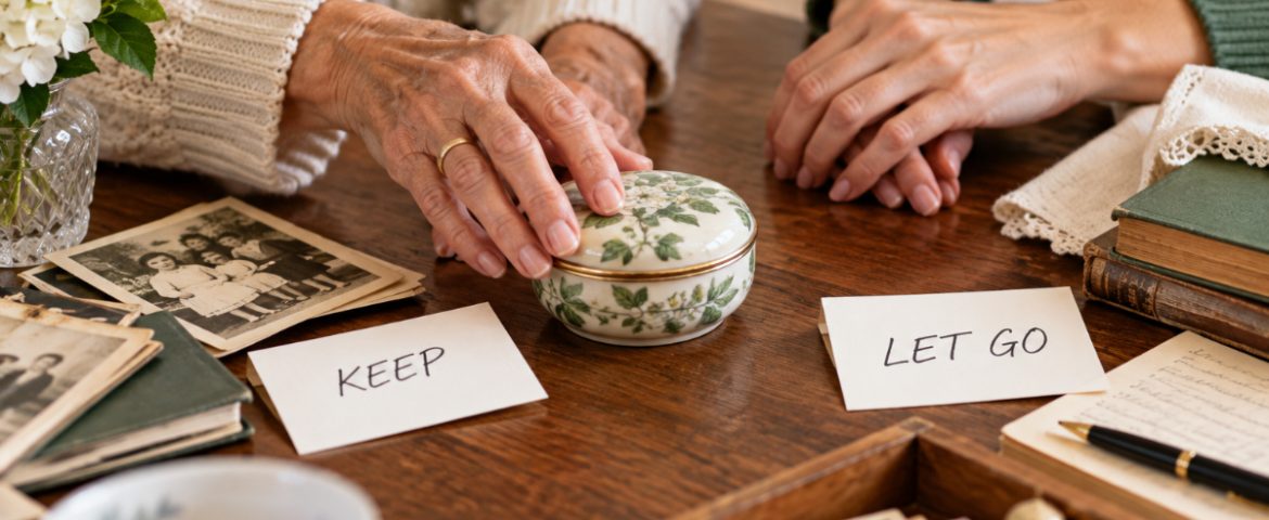 Adult child sorting belongings to help aging parents downsize