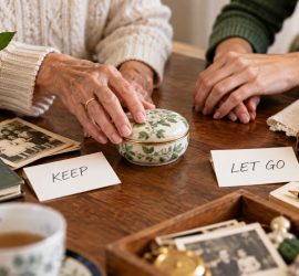 Adult child sorting belongings to help aging parents downsize