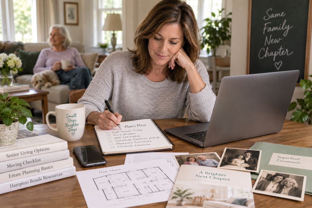 Adult daughter planning her aging mother's downsizing and move
