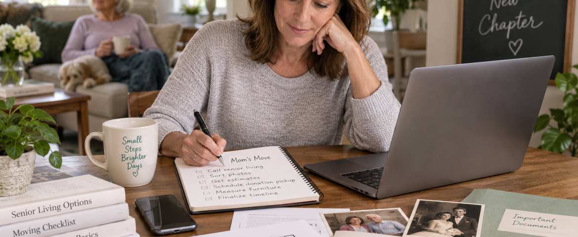 Adult daughter planning her aging mother's downsizing and move