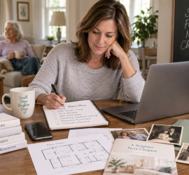 Adult daughter planning her aging mother's downsizing and move